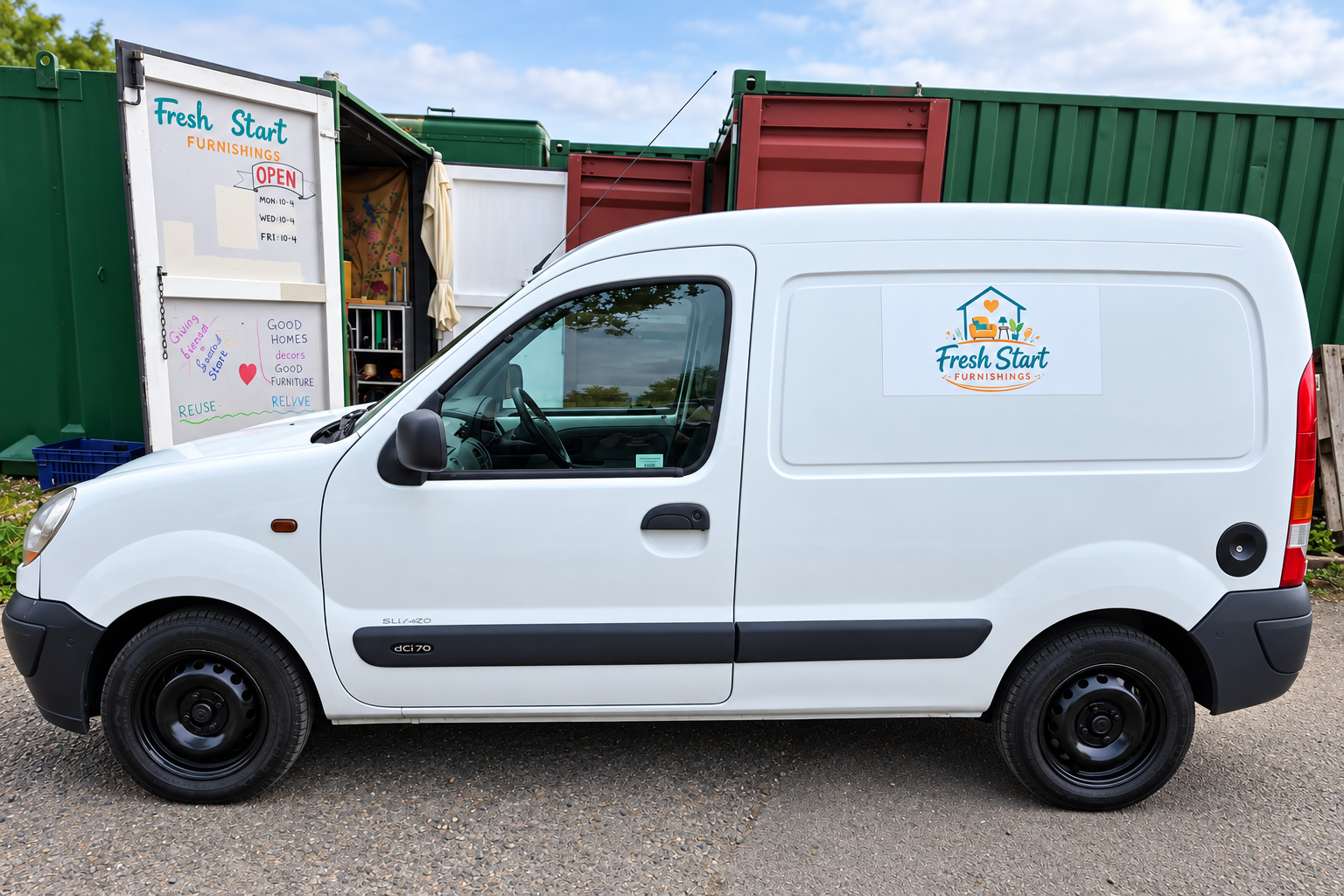 The Fresh Start Furnishings van parked outside the shipping container shop at Monkmoor Farm Industrial Estate, Shrewsbury